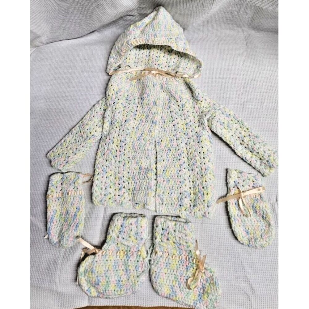 Hand knitted baby crochet sweater + hat+mittens+socks-6pcs 3-6 month‎